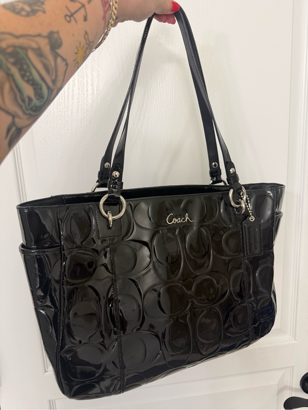 COACH Black Patent Leather Embossed C East West Gallery Large Tote F17729